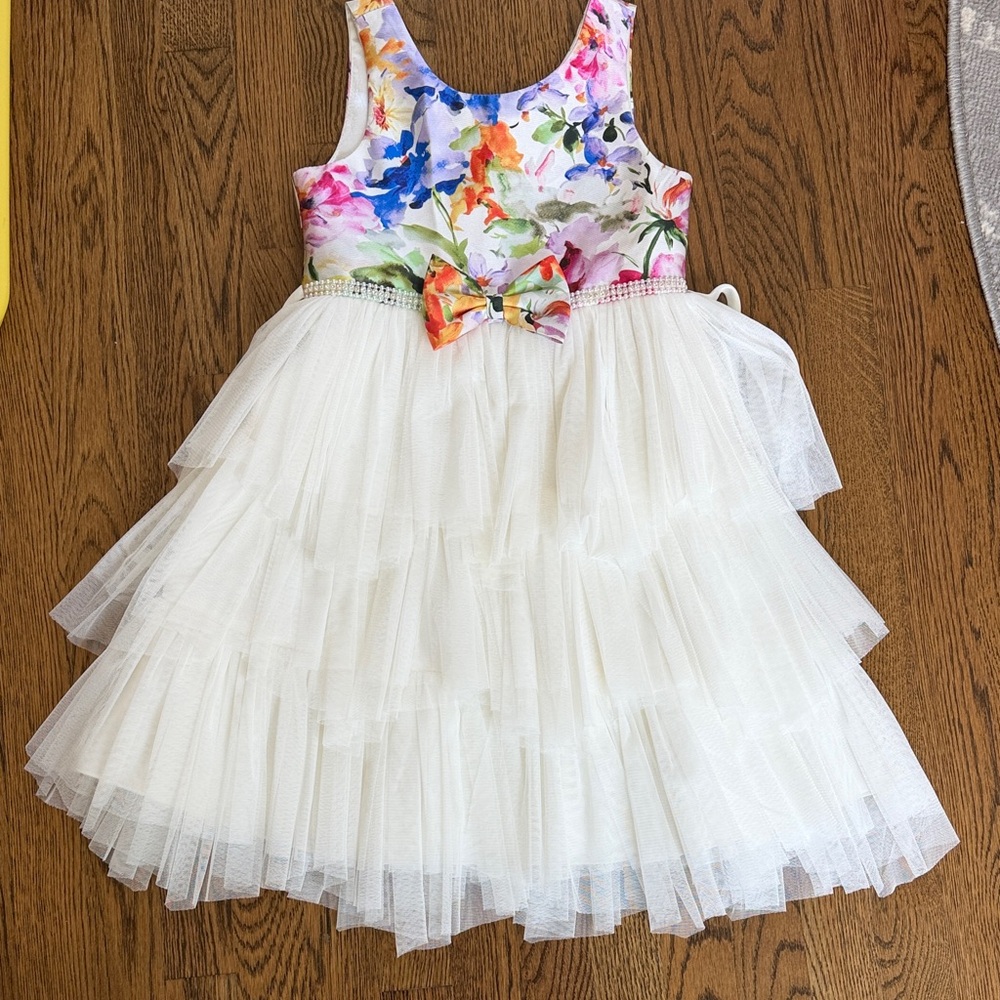 Floral Bodice White Tulle Tiered Dress with Bow